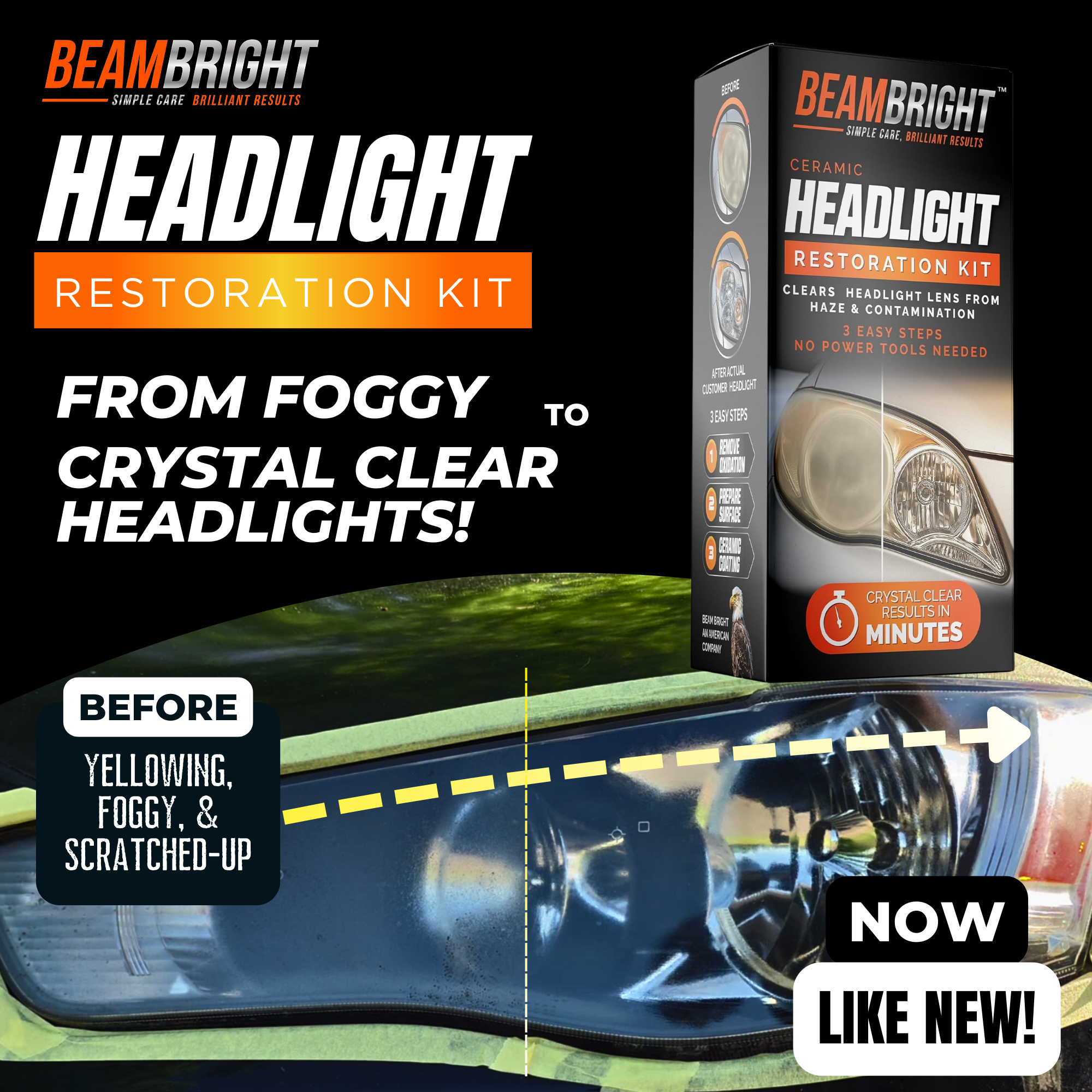 Ceramic Headlight Restoration Kit — Restore Cloudy, Yellowed Headlights with UV Protection (No Tools Needed)